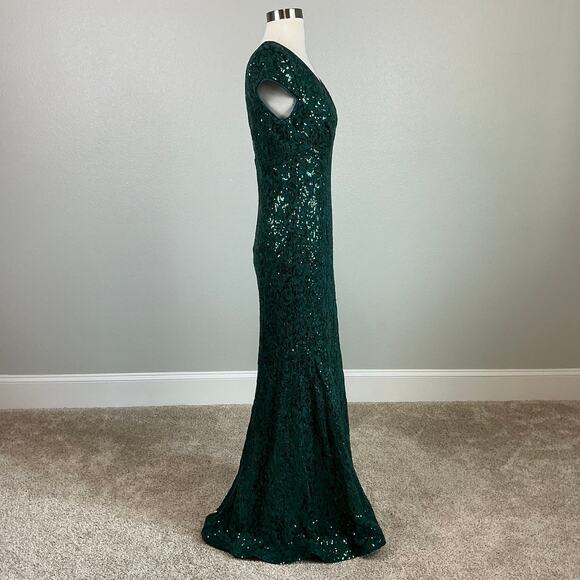 Green Sequined Lace A-Line Evening Gown Size 6 R&M Richards Long Formal Dress - Picture 3 of 11
